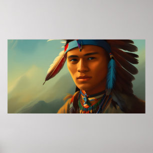Poster Jeune homme indien américain avec des plumes Vinta
