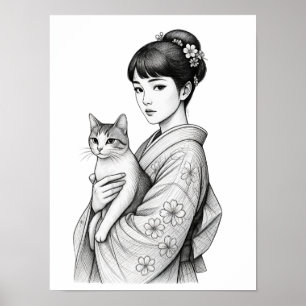 Poster Jeune Japonaise et son Chat