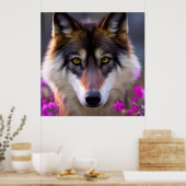 Poster Jeune loup dans l'affiche des fleurs rose fushia (Cuisine)