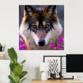 Poster Jeune loup dans l'affiche des fleurs rose fushia (Bureau à domicile)