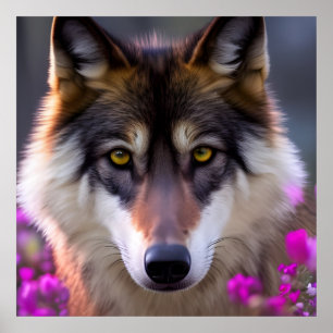 Poster Jeune loup dans l'affiche des fleurs rose fushia