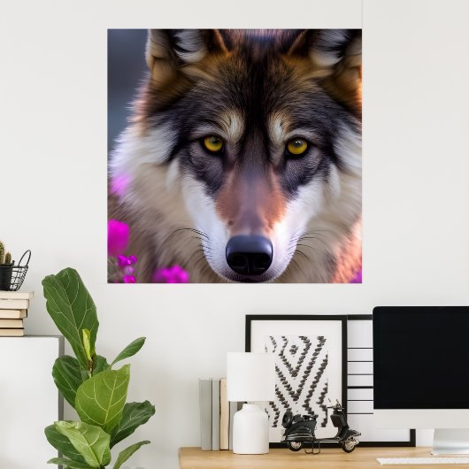 Poster Jeune loup en fleurs rose fuchsia (Bureau à domicile)