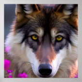 Poster Jeune loup en fleurs rose fuchsia (Devant)