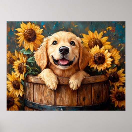Poster Jeune Retriever dans un tonneau (Devant)