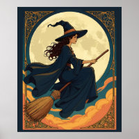 Jeune Sorcière Siège Astride Un Besom Style Art No