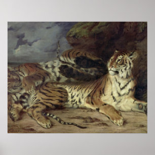 Poster Jeune tigre jouant avec sa mère, 1830 (huile