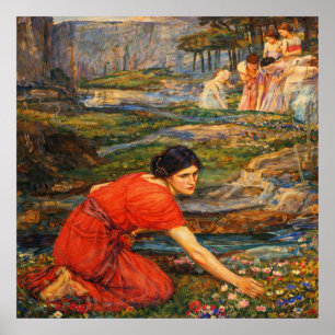 Poster Jeunes filles cueillant des fleurs au bord d'un ru