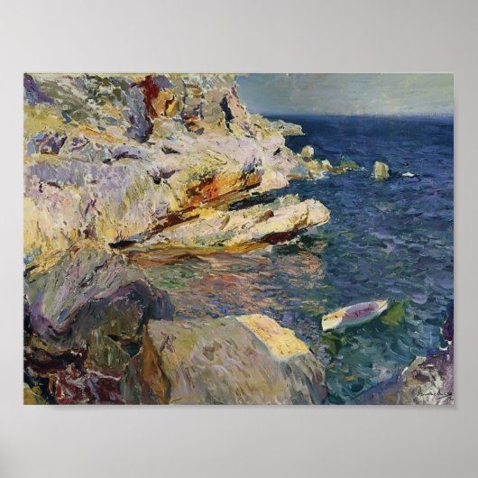 Poster Joaquín Sorolla - Rochers et bateau blanc, Javea (Devant)