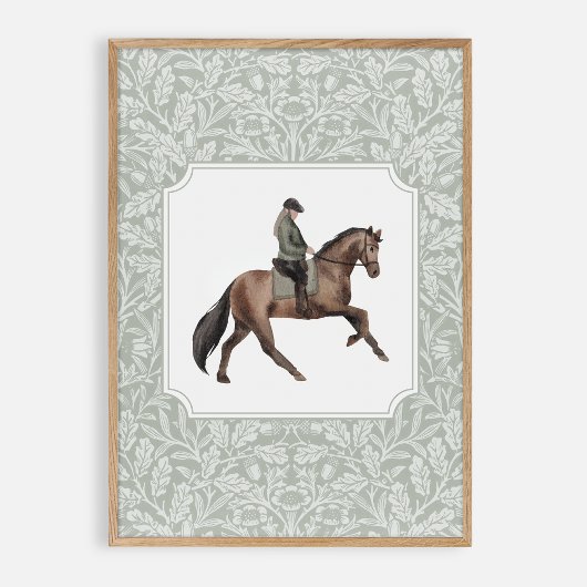 Poster Jockey aquarelle sur un cheval brun, vintage