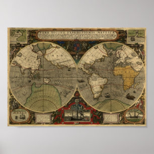 Poster Jodocus Hondius 1595 Carte du Monde