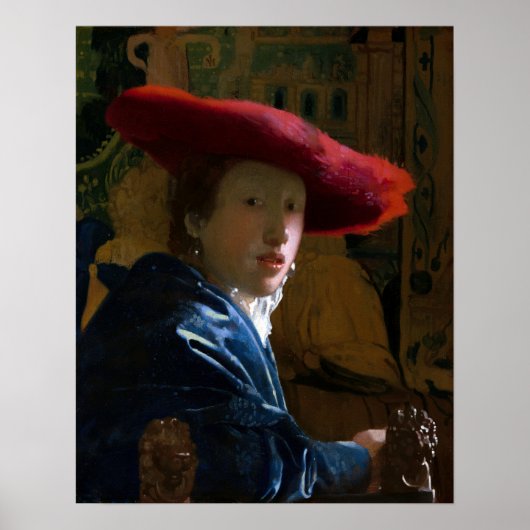 Poster Johannes Vermeer - Fille au chapeau rouge (Devant)