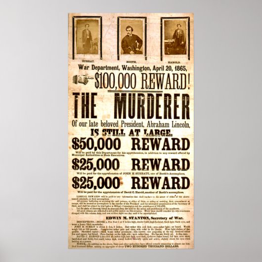 Poster John Wilkes Booth Recherché Pour Assassinat (Devant)