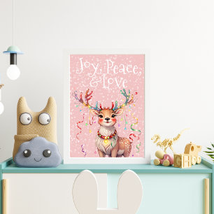 Poster Joie Paix Amour Cute Reindeer et lumières de Noël