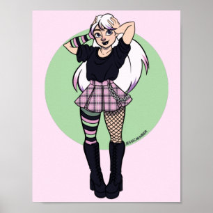 Poster Joli Ado Punk Girl rose vert manga illustration