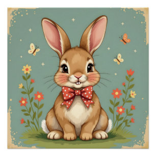 Poster Joli adorable lapin brun avec nœud papillon
