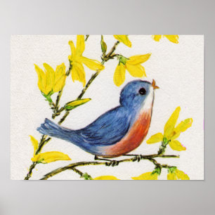 Poster Joli arbre d'oiseau bleu chantant