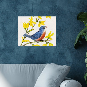 Poster Joli arbre d'oiseau bleu chantant