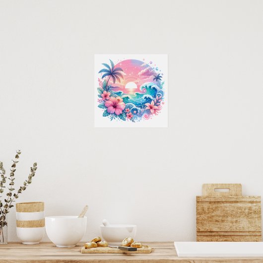 Poster Joli Art côtier rose et bleu (Cuisine)