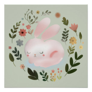 Poster Joli Art de nurserie de couronne florale de lapin 