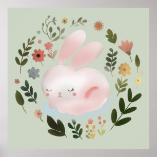 Poster Joli Art de nurserie de couronne florale de lapin 