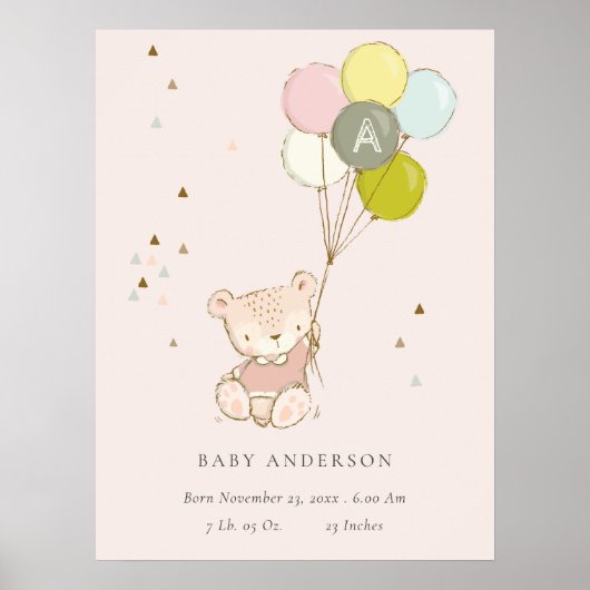 Poster Joli ballon ours rose monogramme bébé fille (Devant)
