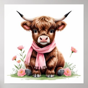 Poster Joli bébé vache des Highlands avec des fleurs