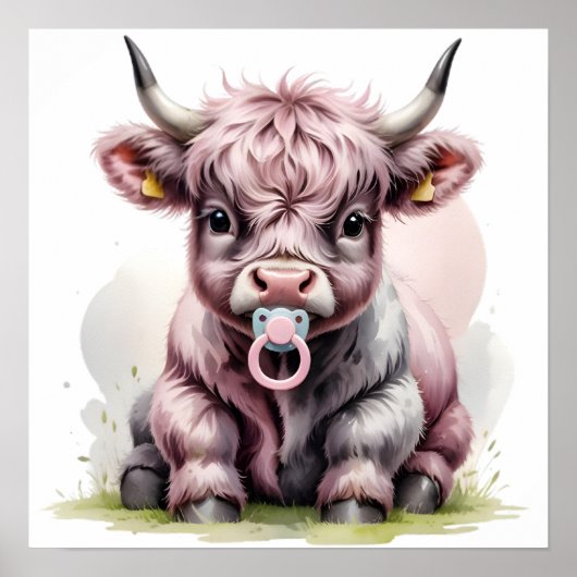 Poster Joli bébé vache des Highlands avec des fleurs – Nu (Devant)