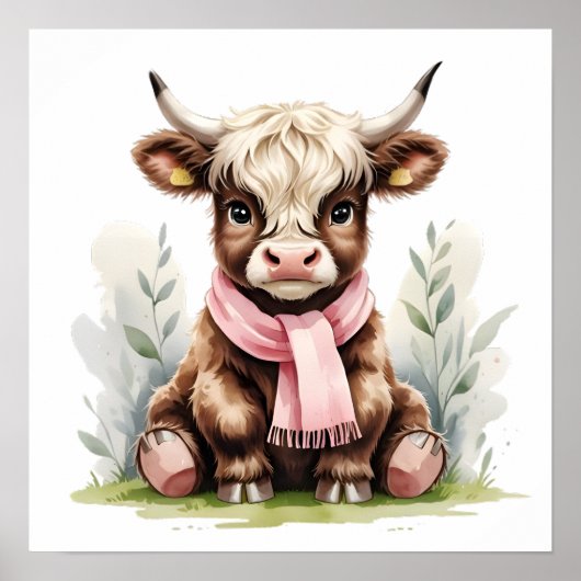 Poster Joli bébé vache des Highlands avec des fleurs – Nu (Devant)