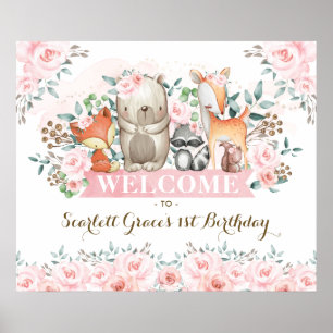 Poster Joli bois rose florale fille Anniversaire Bienvenu