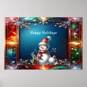 Poster Joli bonhomme de neige dans un cadre de vitrail Po