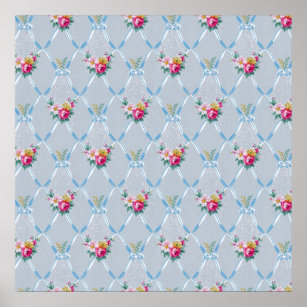 Poster Joli Bons Bleus Rose Floral Vintage Papier peint