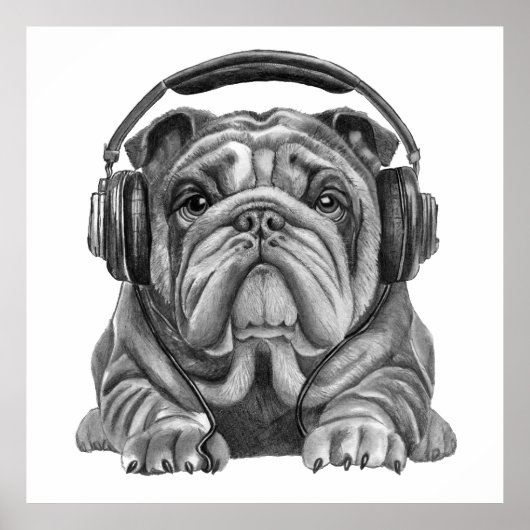Poster Joli bouledogue anglais avec casque audio (Devant)