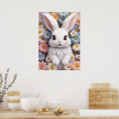 Poster Joli Bunny Blanc Pastel Fleurs De Marguerite (Cuisine)