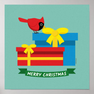 Poster Joli Cardinal Rouge Ouvrant Un Cadeau Bleu