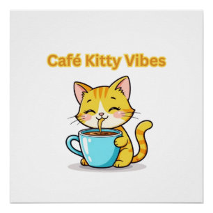 Poster **Joli Chat au Café – Adorable Chat Buvant du Café