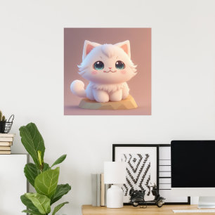Poster Joli Chat Blanc Fluffy aux Grands Yeux