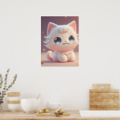 Poster Joli Chat Blanc Kawaii Douillet (Cuisine)