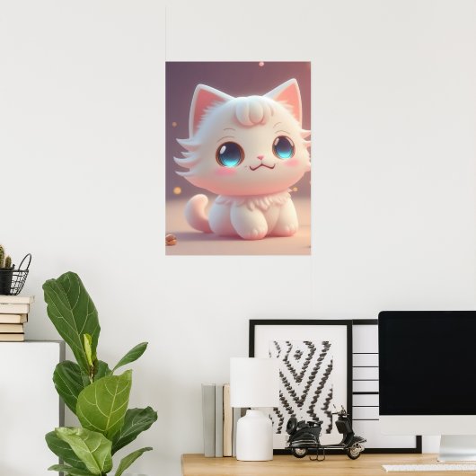 Poster Joli Chat Blanc Kawaii Douillet (Bureau à domicile)