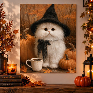 Poster Joli chat blanc sorcière d'Halloween avec tasse à