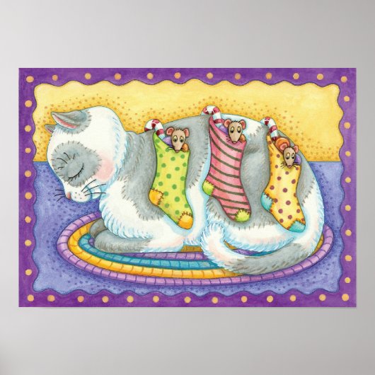 Poster Joli chat de Noël dormant avec des souris dans des (Devant)