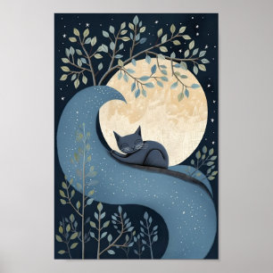 Poster Joli chat dormant sous la Lune et les Étoiles.