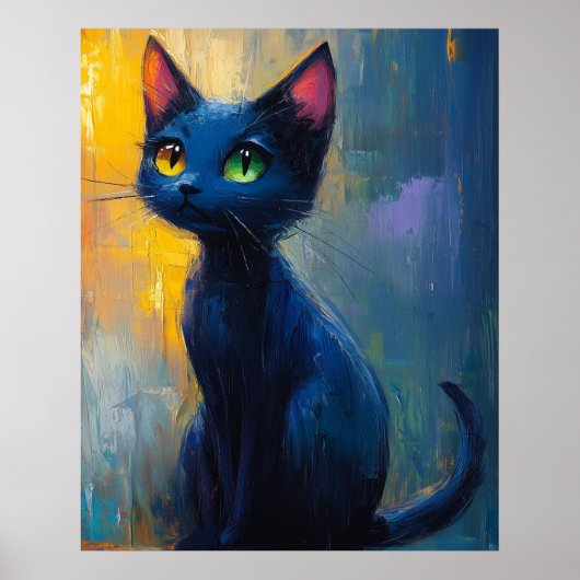 Poster Joli chat noir aux 2 couleurs d'yeux (Devant)