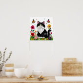 Poster Joli chat noir et blanc, fleurs et papillons (Cuisine)