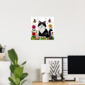 Poster Joli chat noir et blanc, fleurs et papillons (Bureau à domicile)