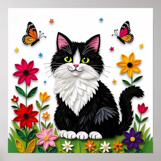 Poster Joli chat noir et blanc, fleurs et papillons (Devant)