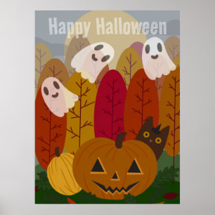 Poster Joli chat noir et fantômes d'Halloween Citrouille
