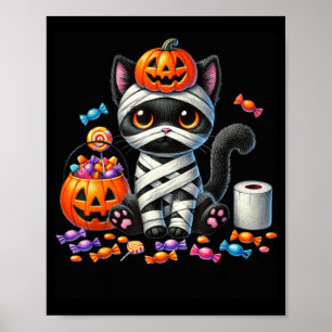 Poster Joli chat noir Halloween citrouille friandise ou f
