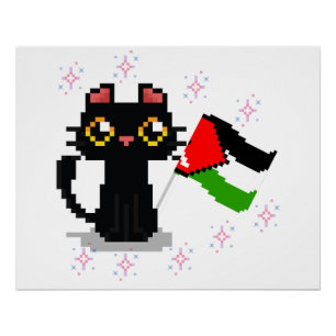 Poster joli chat noir tenant le drapeau de la Palestine