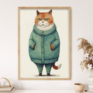 Poster Joli Chat Roux En Pull Vert, Chat Drôle De