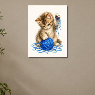 Poster Joli chaton tabby jouant avec du fil bleu